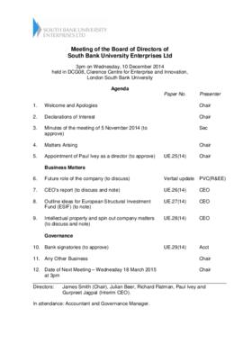 10 December 2014 South Bank University Enterprises Ltd Board agenda and papers.pdf