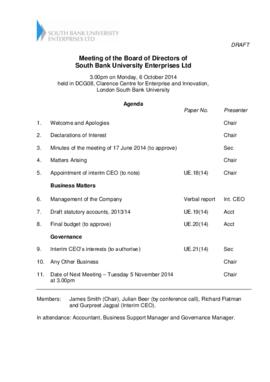6 October 2014 South Bank University Enterprises Ltd Board agenda and papers.pdf