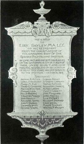 Plaque presented to Edric Bayley